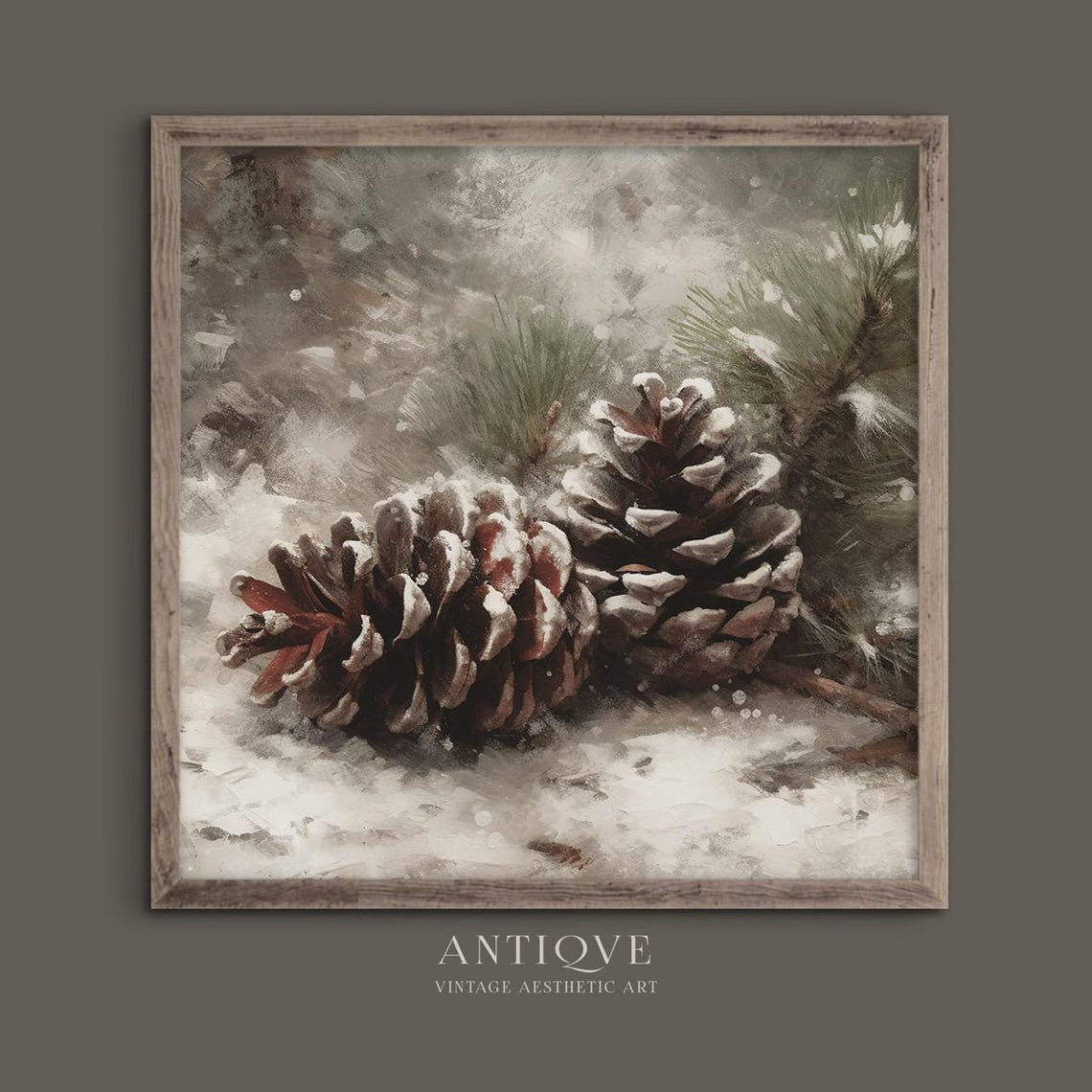 Snow Covered Pinecones Rustic Christmas Still Life Painting Wall Art