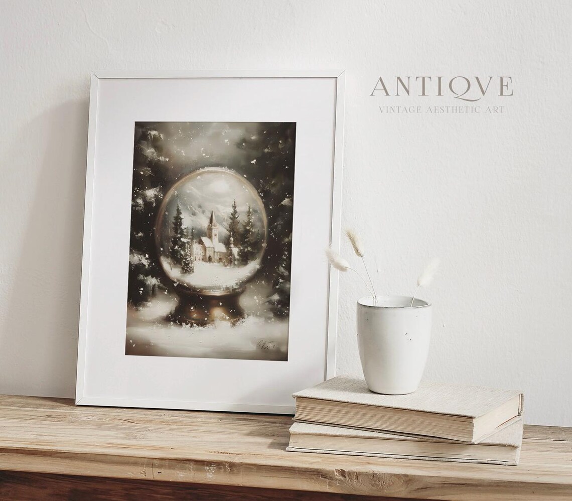 Christmas Snow Globe With Snowy Church Village Painting Art Poster - Image 2