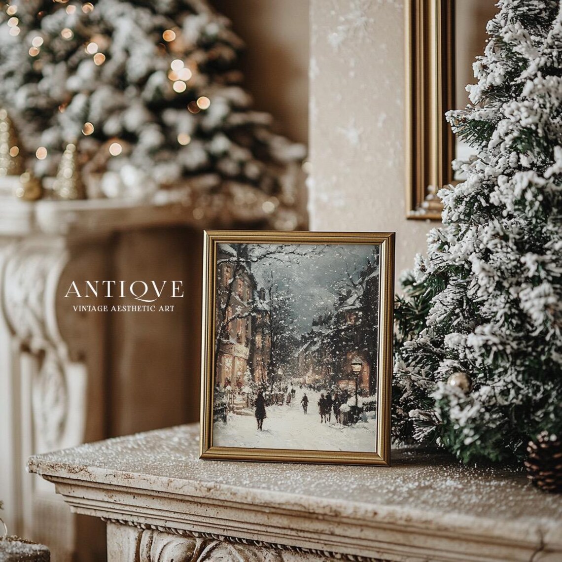 Snowy Busy Village Street, Winter Christmas Decor - Image 4