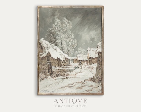 Snowy Winter Village Cottages Antique Oil Painting Signed 1895 Print