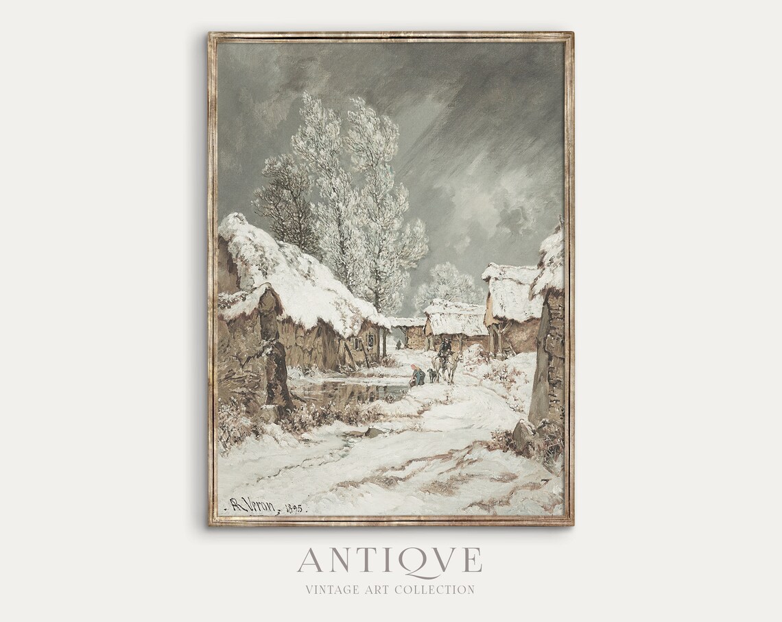 Snowy Winter Village Cottages Antique Oil Painting Signed 1895 Print