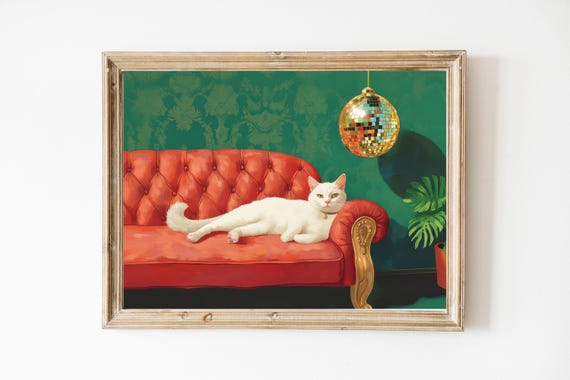 White Cat With Disco Ball Art Print Cute Quirky Whimsical Cocktail Bar Cart Decor Fine Trendy Home Wall Gift