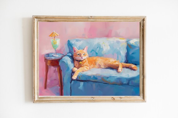 Ginger Cat Lounging On Blue Sofa Funny Cocktail Themed Art Print