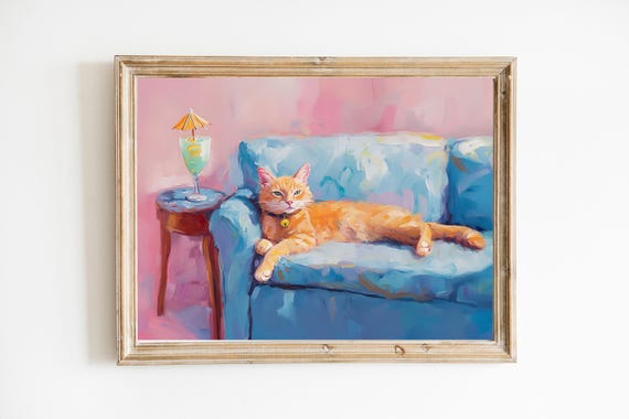 Ginger Cat With Tropical Cocktail Umbrella Art Print Cute Quirky Whimsical Bar Cart Decor Trendy Home Wall