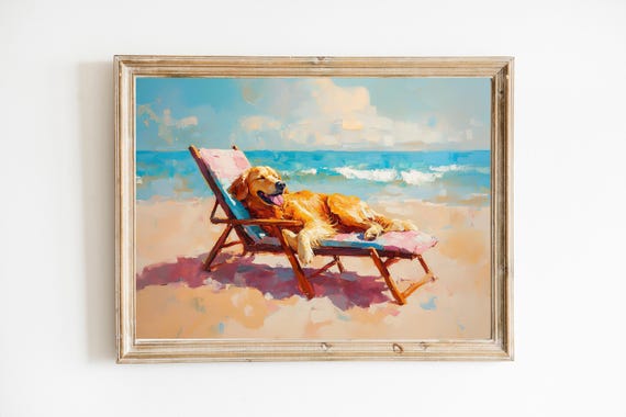Golden Retriever On Pink Beach Chair Art Print Cute Quirky Whimsical Bar Cart Decor Trendy Home Wall Gift Dog Mom Fine