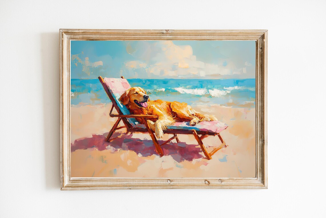 Golden Retriever Lounging on Beach Chair by Ocean Coastal Art Print