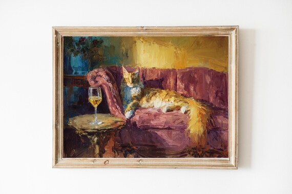 Maine Coon Cat Relaxing on Red Velvet Sofa With White Wine Poster