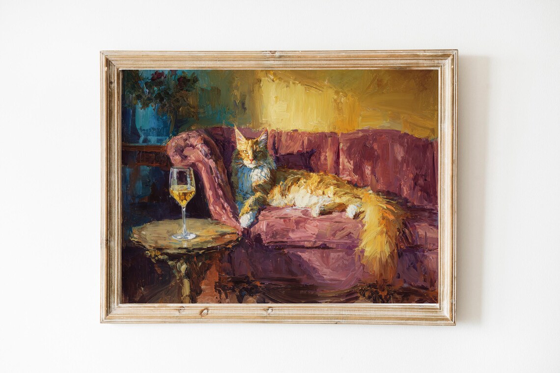 Maine Coon Cat Relaxing on Red Velvet Sofa With White Wine Poster