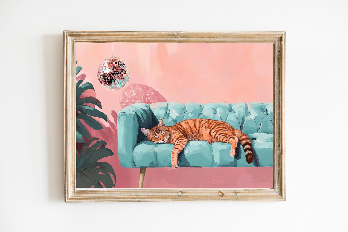 Sleeping Orange Tabby Cat on Teal Sofa with Disco Ball Art Poster