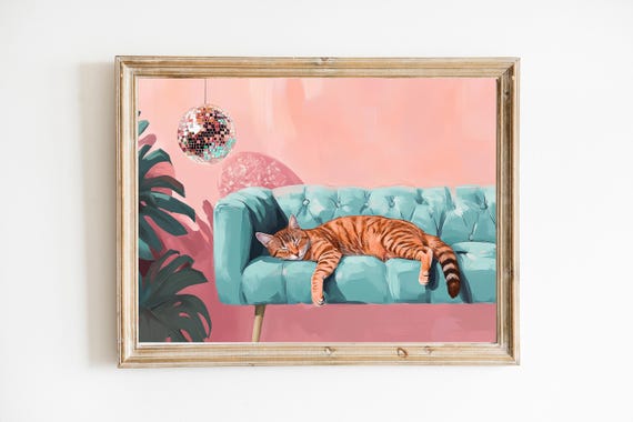 Tabby Cat Disco Ball Art Print Cute Quirky Whimsical Cocktail Bar Cart Decor Fine Gift Trendy Home Wall
