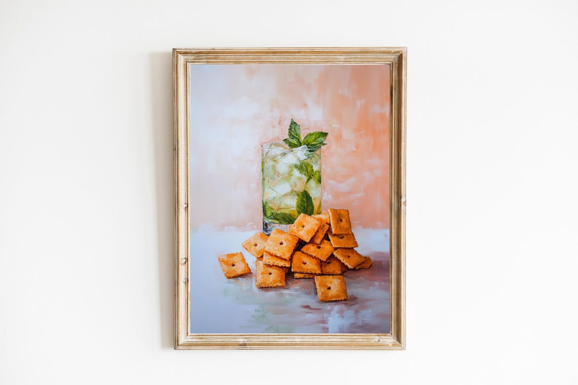Mojito Cocktail and Cheese Crackers Funny Kitchen Still Life Print