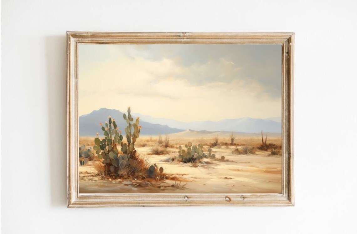 Muted Beige Desert Prickly Pear Cactus Vintage Oil Painting Poster