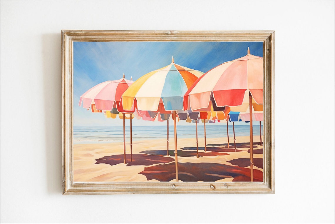 Pastel Beach Umbrellas by the Sea Maximalist Painting Poster