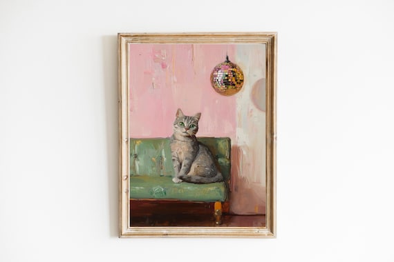 Tabby Cat Sitting on Green Couch Under Disco Ball Funny Poster