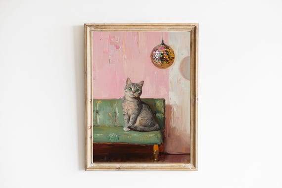 Tabby Cat With Disco Ball Art Print Cute Quirky Whimsical Cocktail Bar Cart Decor Fine Gift Trendy Home Wall