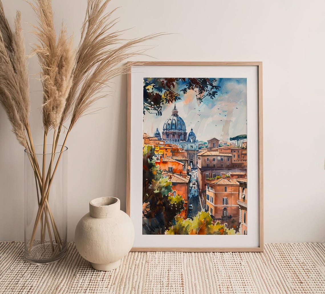 Stunning Rome Italy Saint Peters Dome Rooftops Watercolor Poster - Image 4