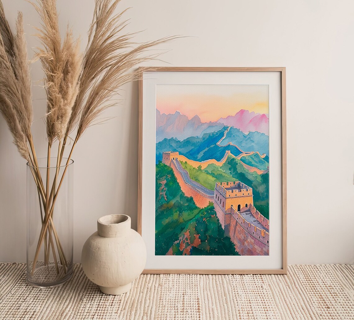 Great Wall Of China Watercolor Mountains Sunset Landscape Art Print - Image 3