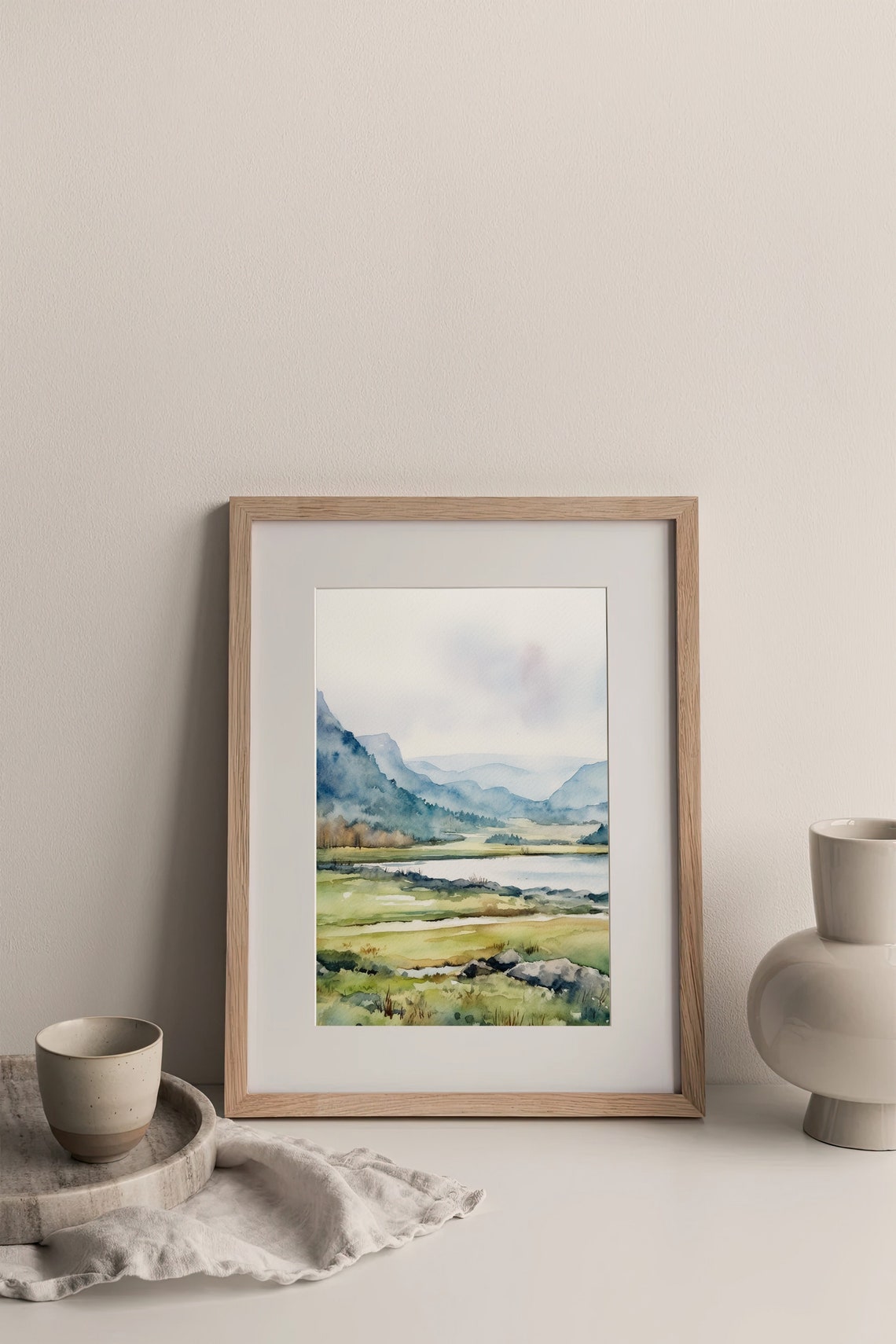 Tranquil Green Valley Watercolor Misty Mountains Lake Landscape Print - Image 4