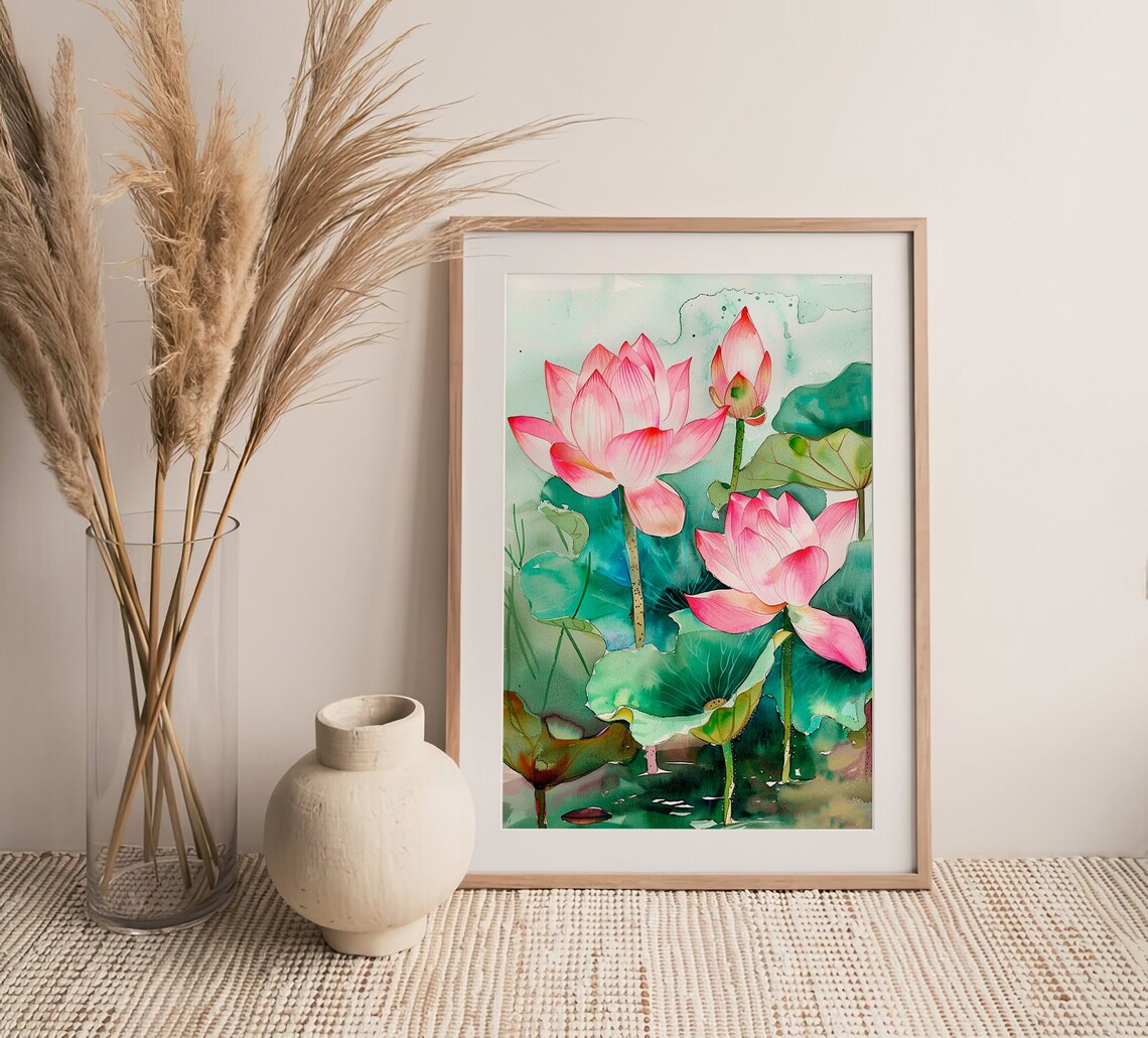 Stunning Pink Water Lilies Lotus Blossoms Pond Watercolor Poster - Image 4