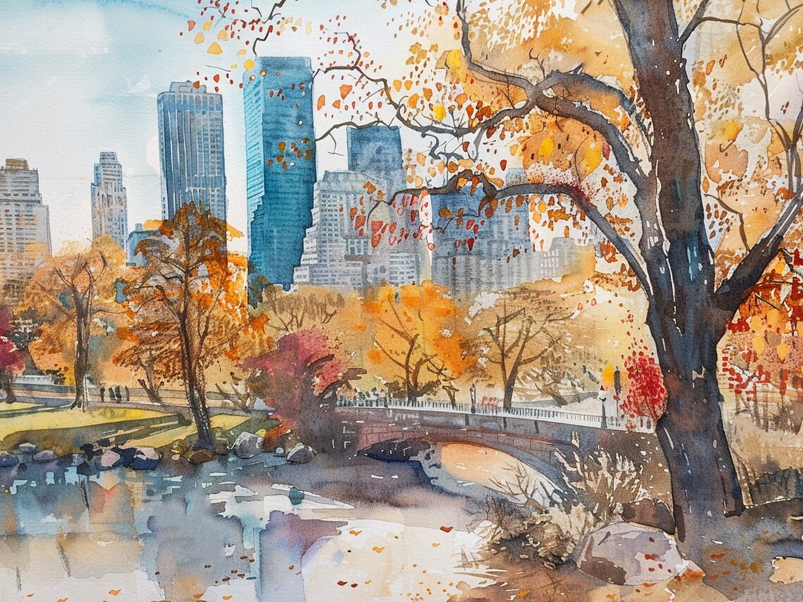 Autumn Central Park Watercolor Art Print, New York