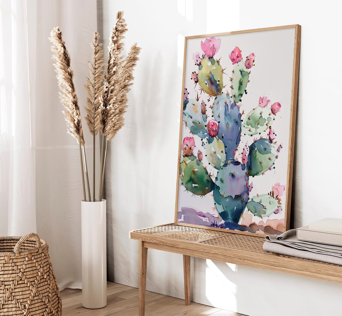 Prickly Pear Cactus Pink Blooms Watercolor Botanical Scene Poster - Image 2