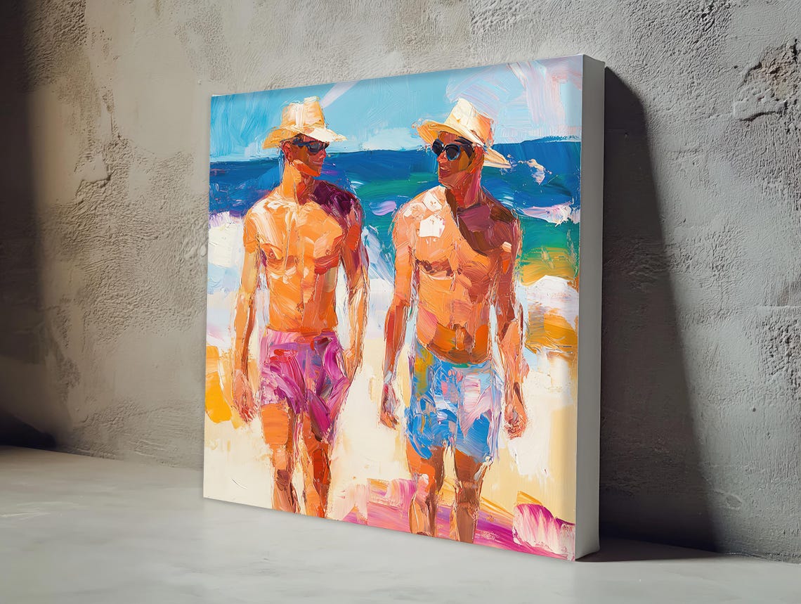 Two Men Beach Oil Painting Swimmers Sun Hats Summer Scene Poster - Image 4