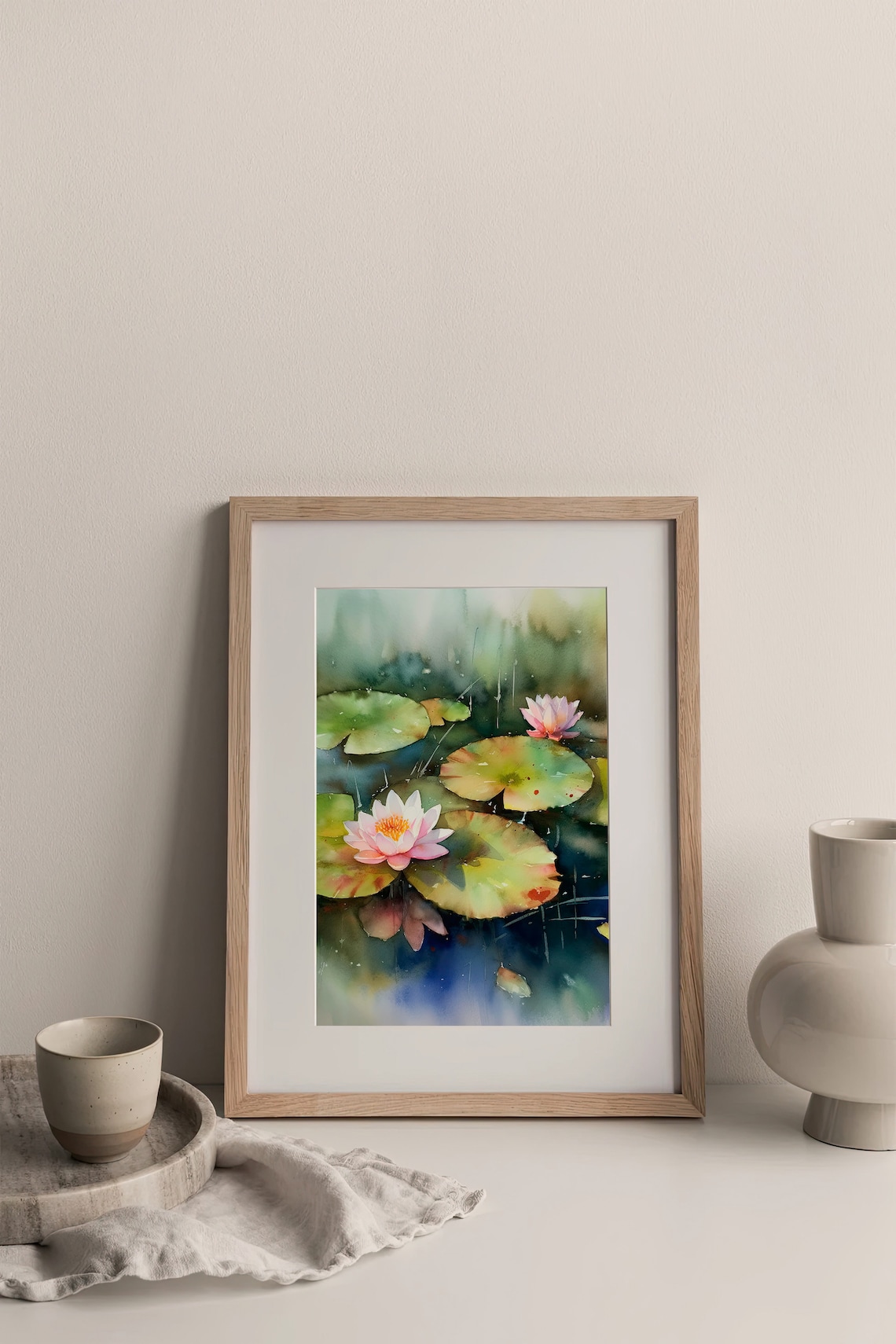 Pink Water Lily Pond Blossoms Watercolor Floral Scene Poster - Image 4