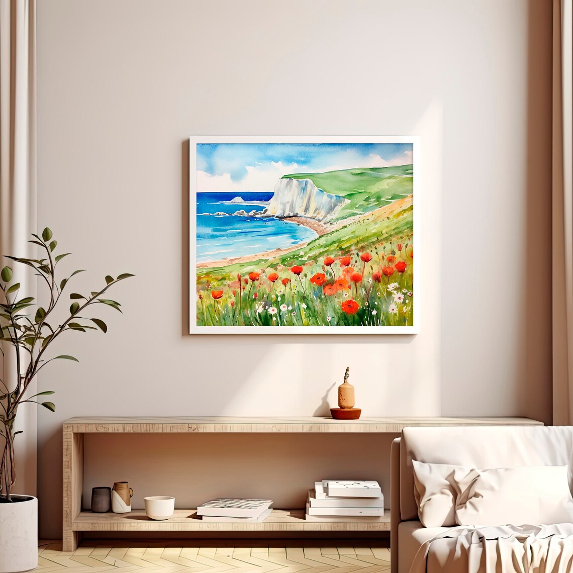 France White Cliffs Seascape Red Poppy Meadow Watercolor Poster - Image 2