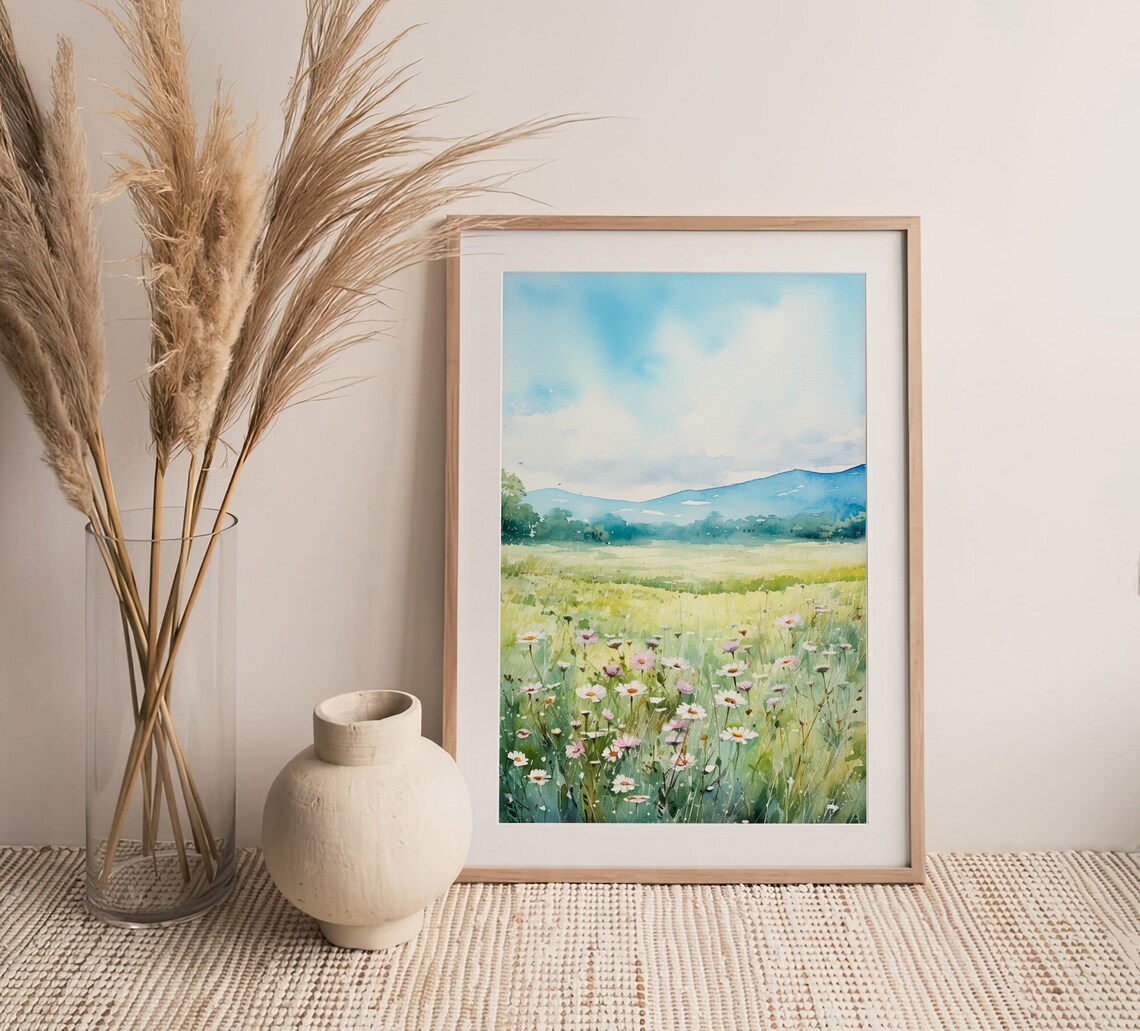 Daisy Wildflower Meadow Mountain Landscape Watercolor Wall Art - Image 4