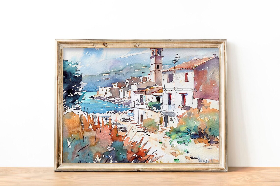 Costa Brava Spain Coastal Village Watercolor Mediterranean Poster