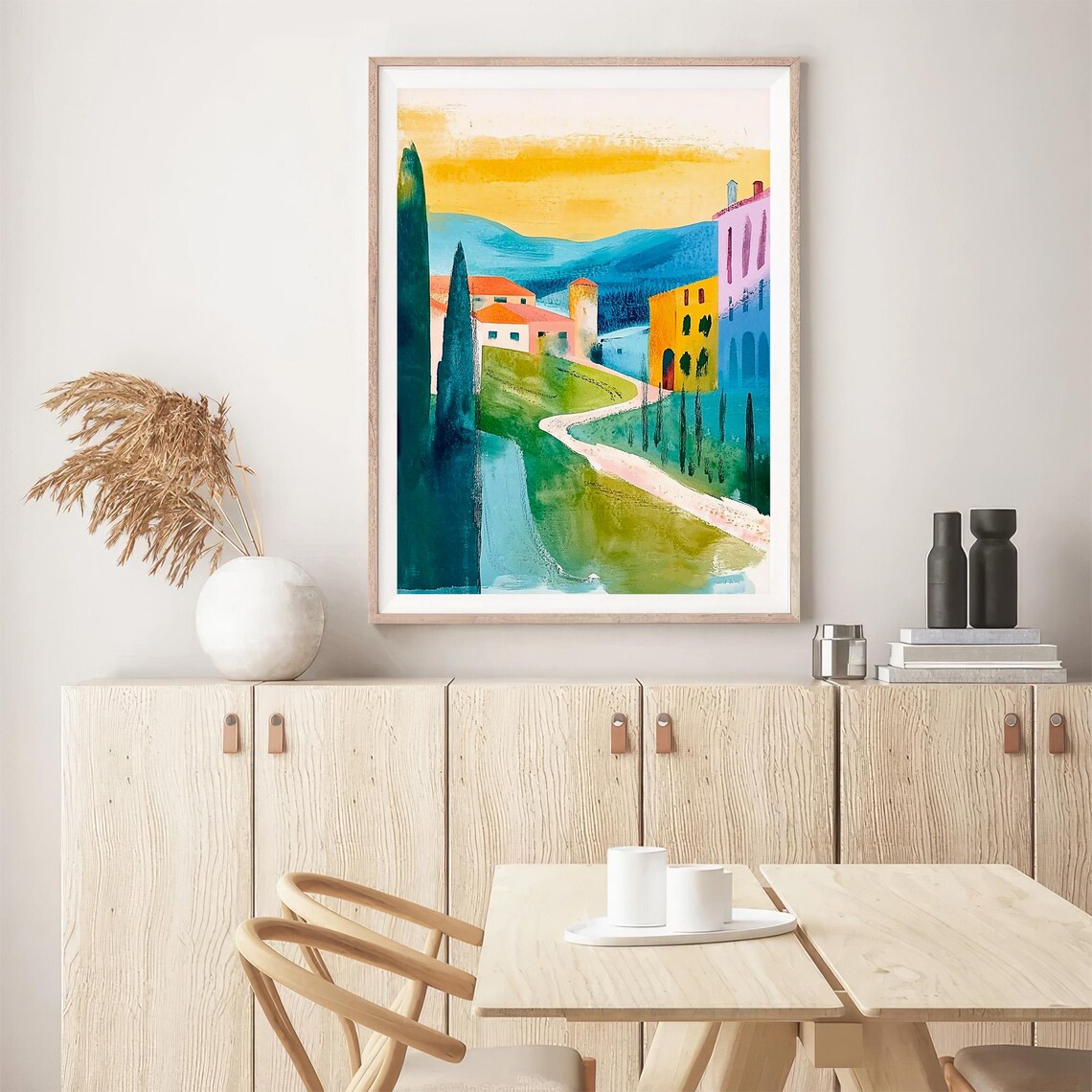 Colorful Tuscany Hillside Village Cypress Sunset Watercolor Art Print - Image 5