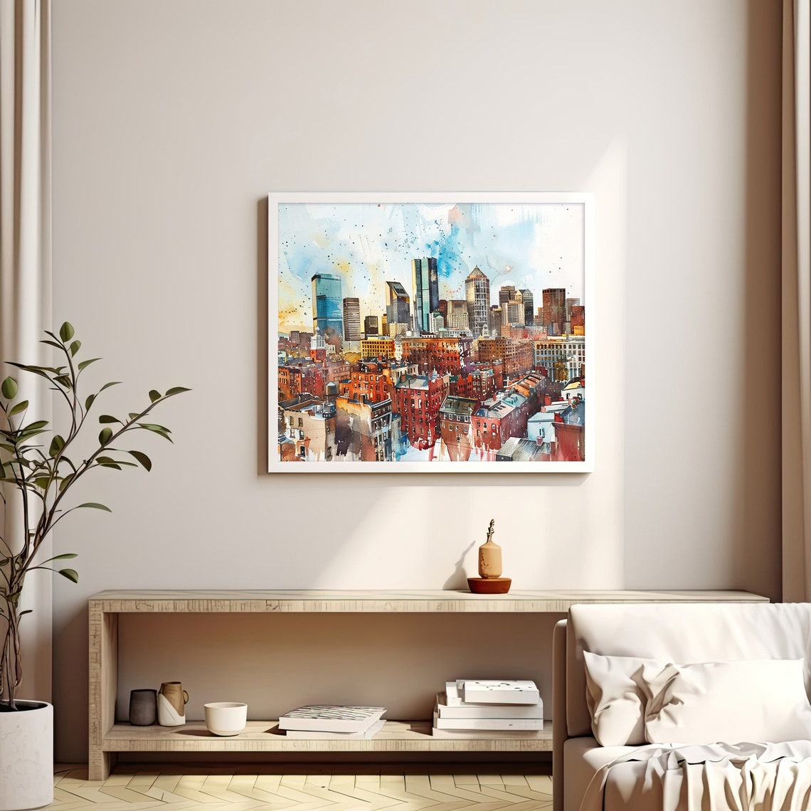 Stunning Boston Massachusetts Skyline Watercolor Cityscape Poster - Image 3