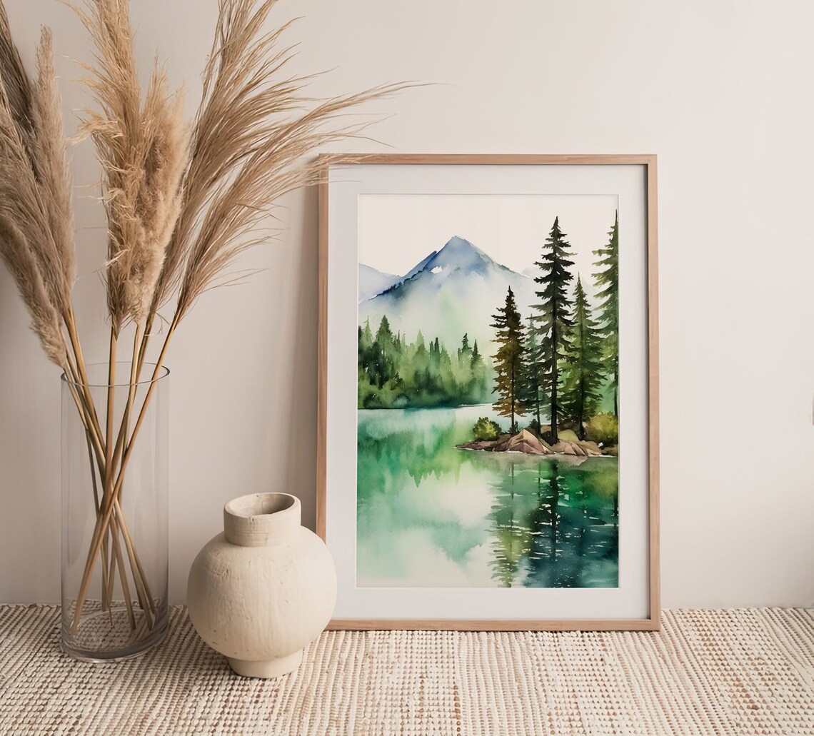 Tahoe Lake Watercolor Art Print, Foggy Mountain Scene - Image 4