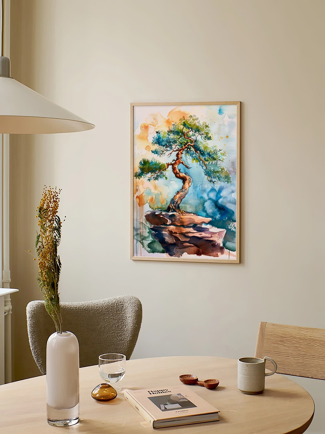 Bonsai Pine Tree On Rocky Perch Zen Watercolor Botanical Art Poster - Image 2
