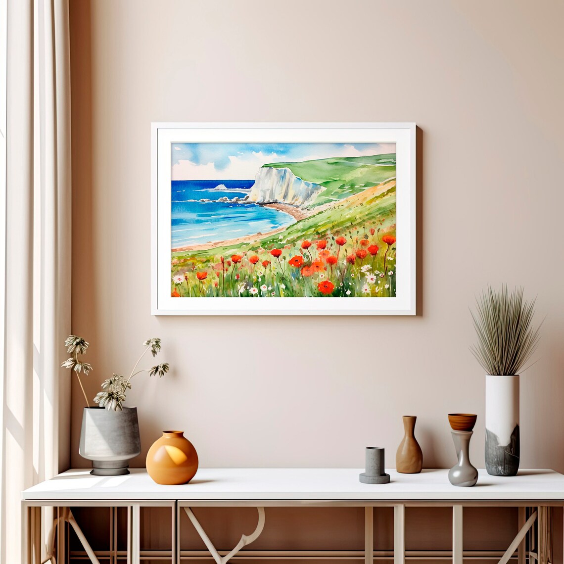 France White Cliffs Seascape Red Poppy Meadow Watercolor Poster - Image 5
