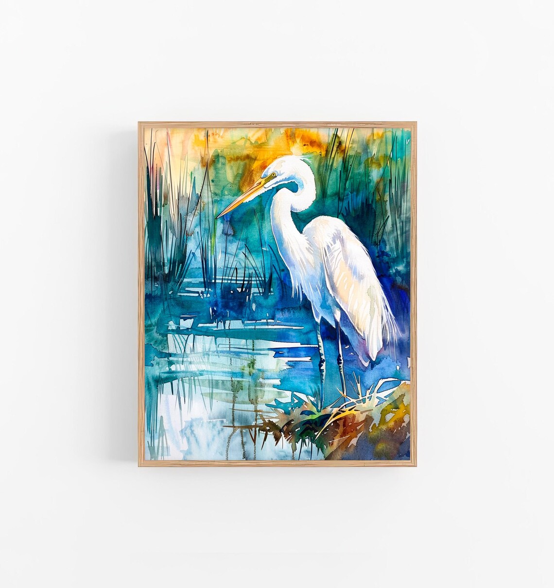 Great White Egret Heron in Marsh Watercolor Bird Painting Poster