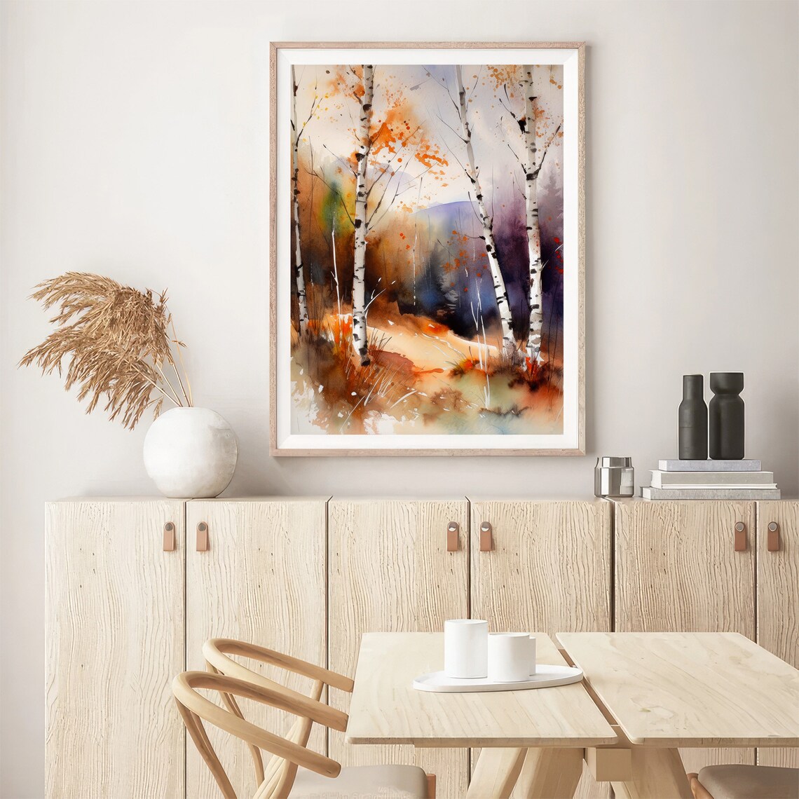 White Birch Trees Autumn Mist Watercolor Woodland Scene Poster - Image 2
