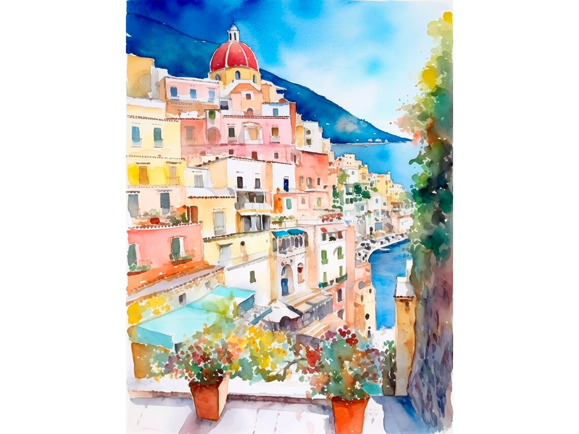 Positano Amalfi Coast Colorful Town Watercolor Travel Poster