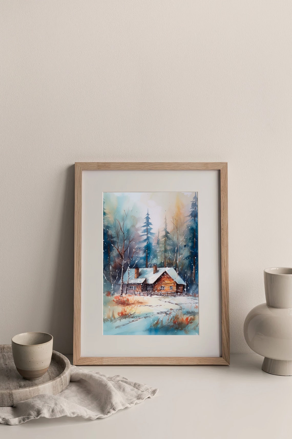 Snowy Winter Cabin Watercolor Forest Log House Landscape Poster - Image 3