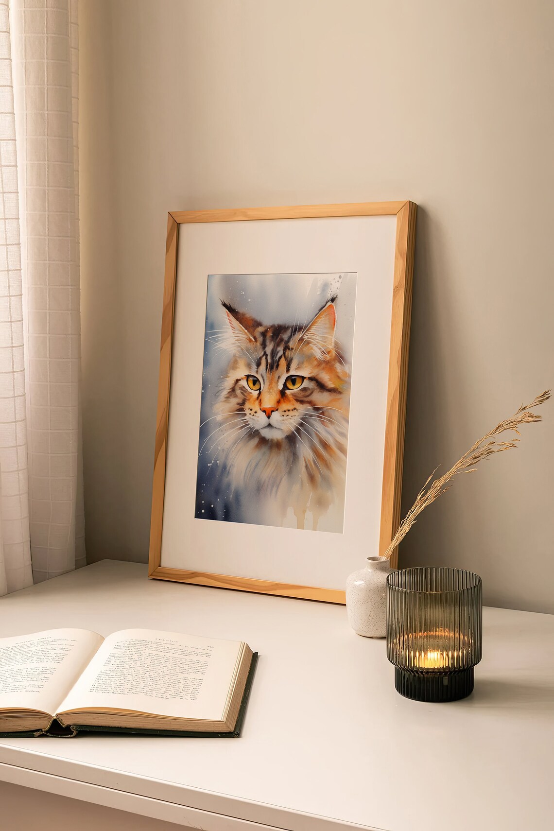 Cat Portrait Watercolor Long Haired Tabby Amber Eyes Pet Art Poster - Image 5