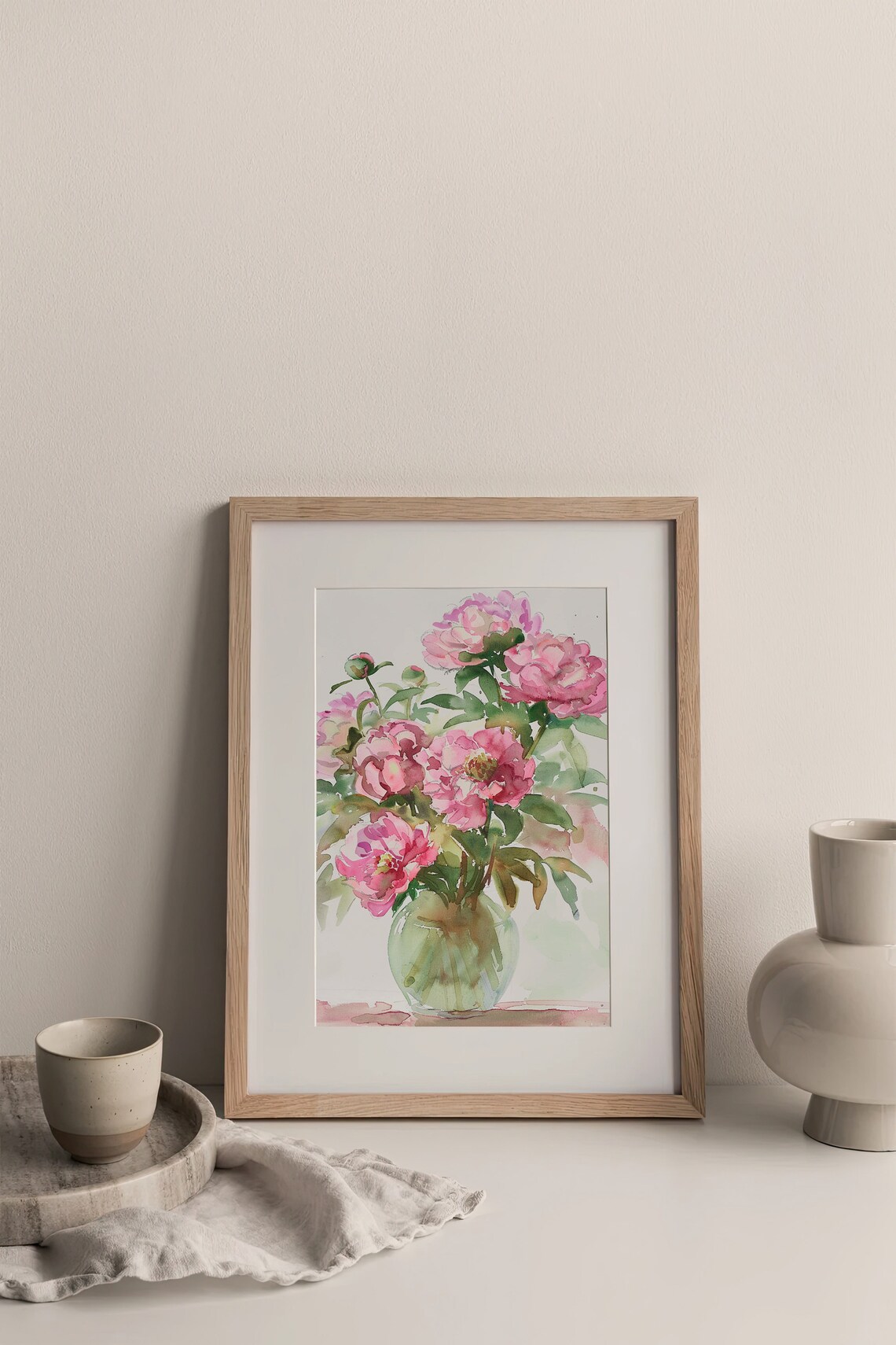 Pink Peonies Watercolor Floral Bouquet In Vase Spring Art Print - Image 4