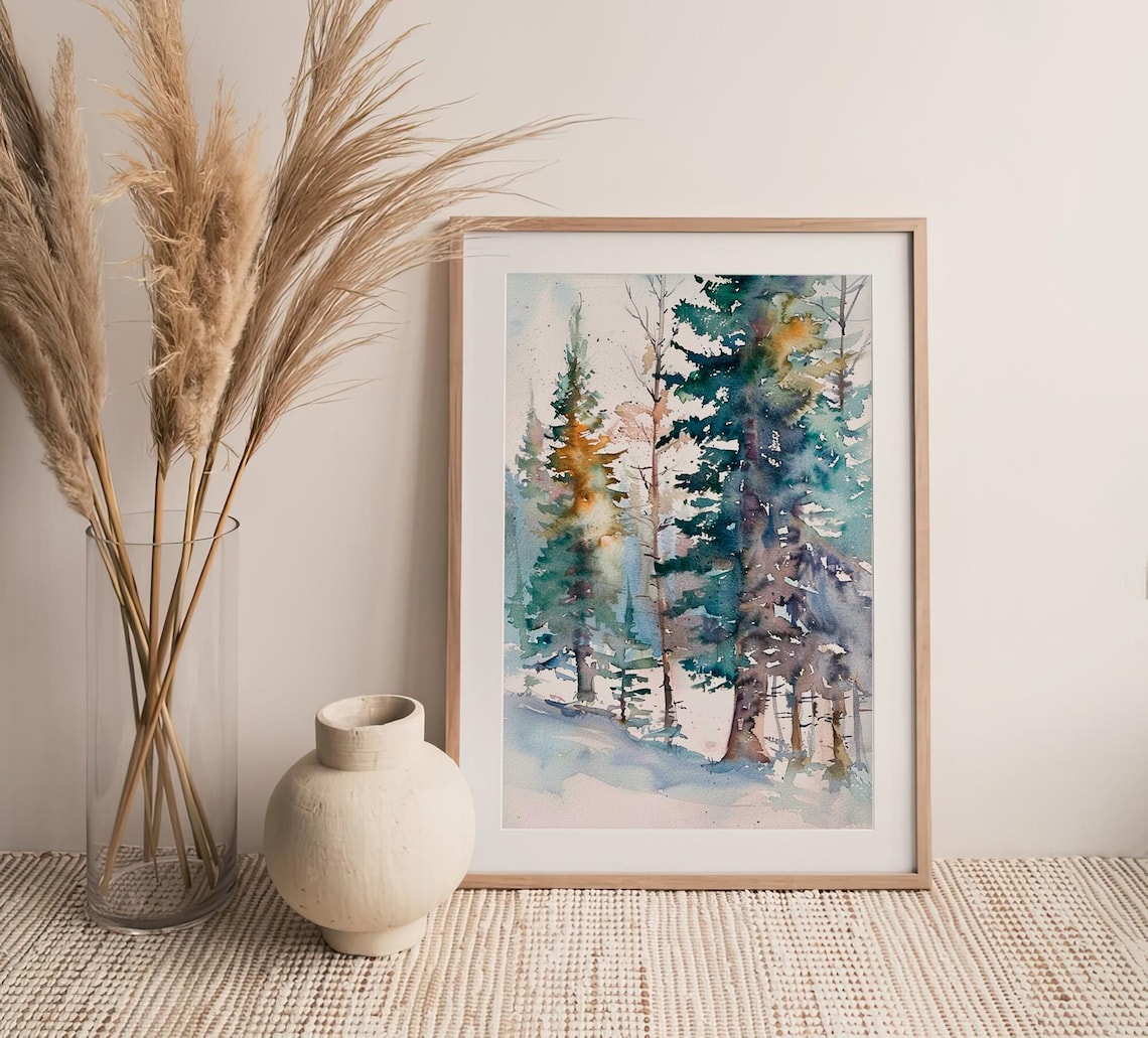 Winter Pine Forest Watercolor Painting Art Print - Image 4