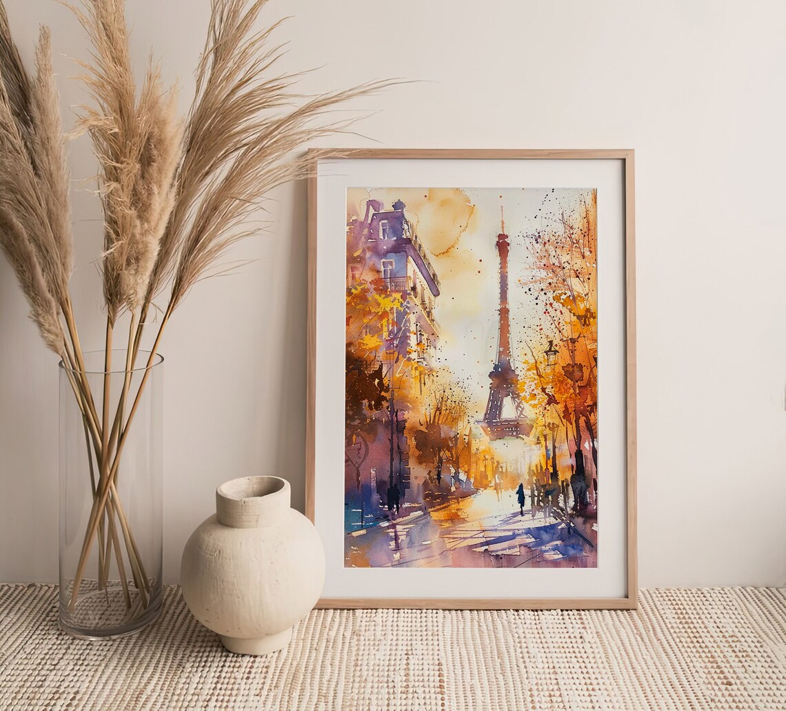 Eiffel Tower Golden Autumn Paris Street Sunset Glow Watercolor City Poster - Image 3