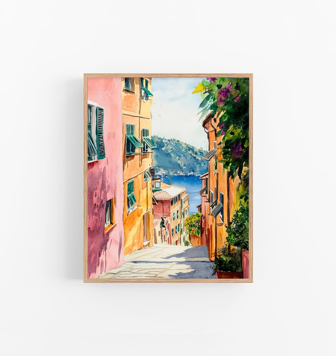 Portofino Colorful Alley Sea View Watercolor Italy Travel Poster