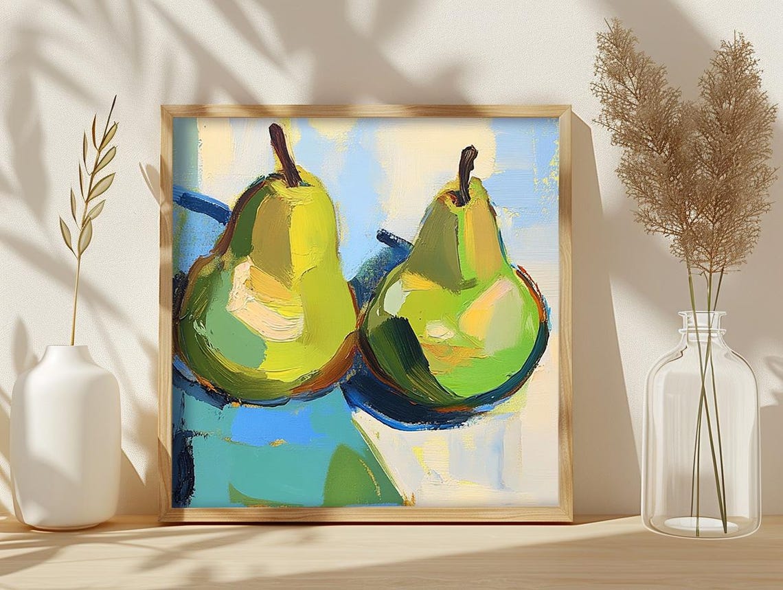 Two Green Pears Oil Painting Impasto Fruit Still Life Poster - Image 4