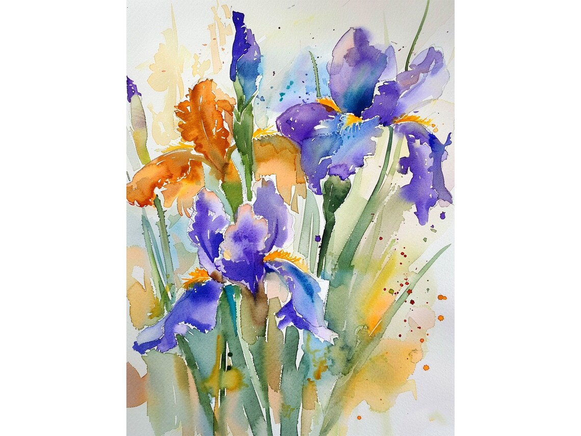 Iris Watercolor Art Print, Meadow Flowers