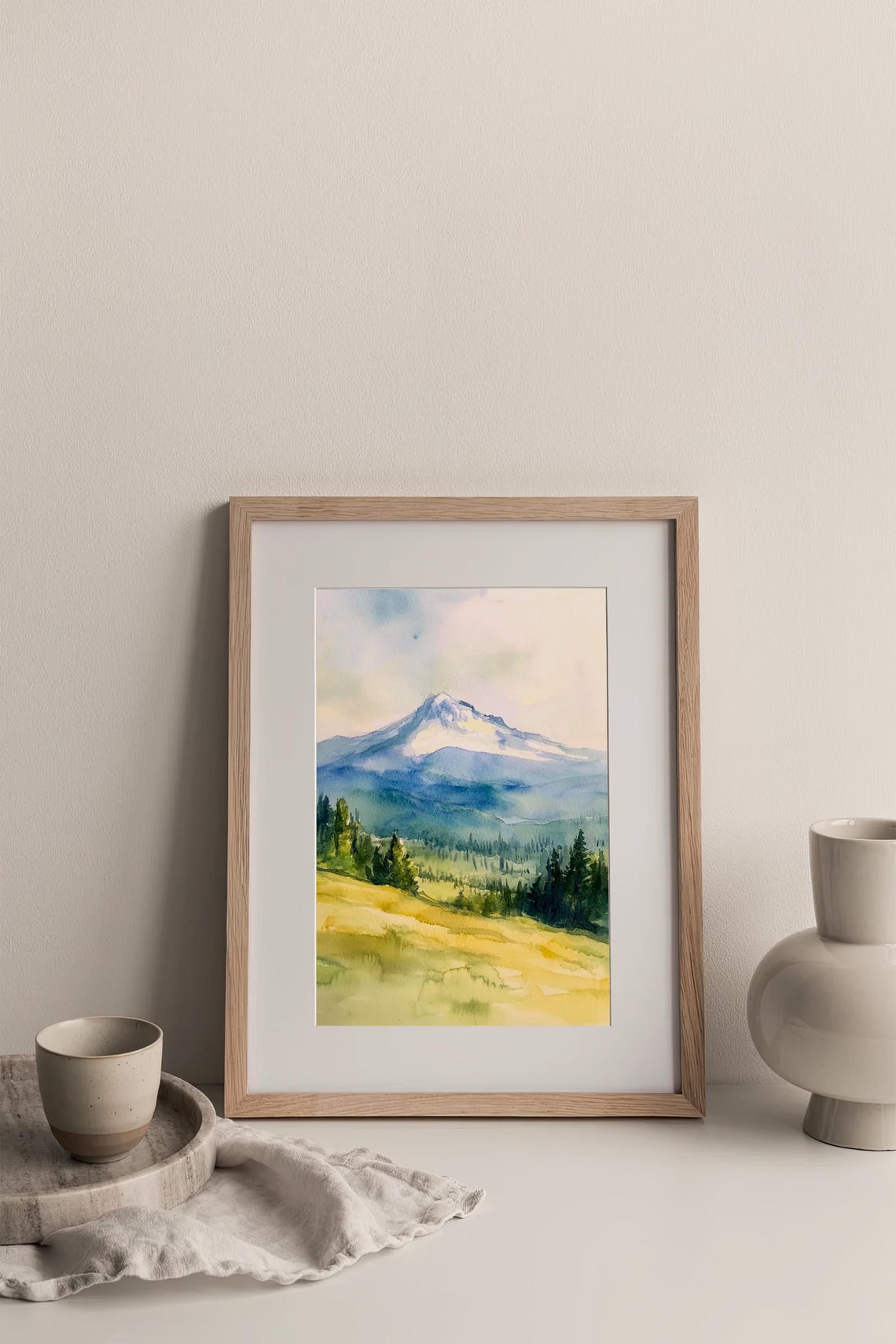 Mount Hood Watercolor Snow Capped Peak Oregon Meadow Pines Poster - Image 3