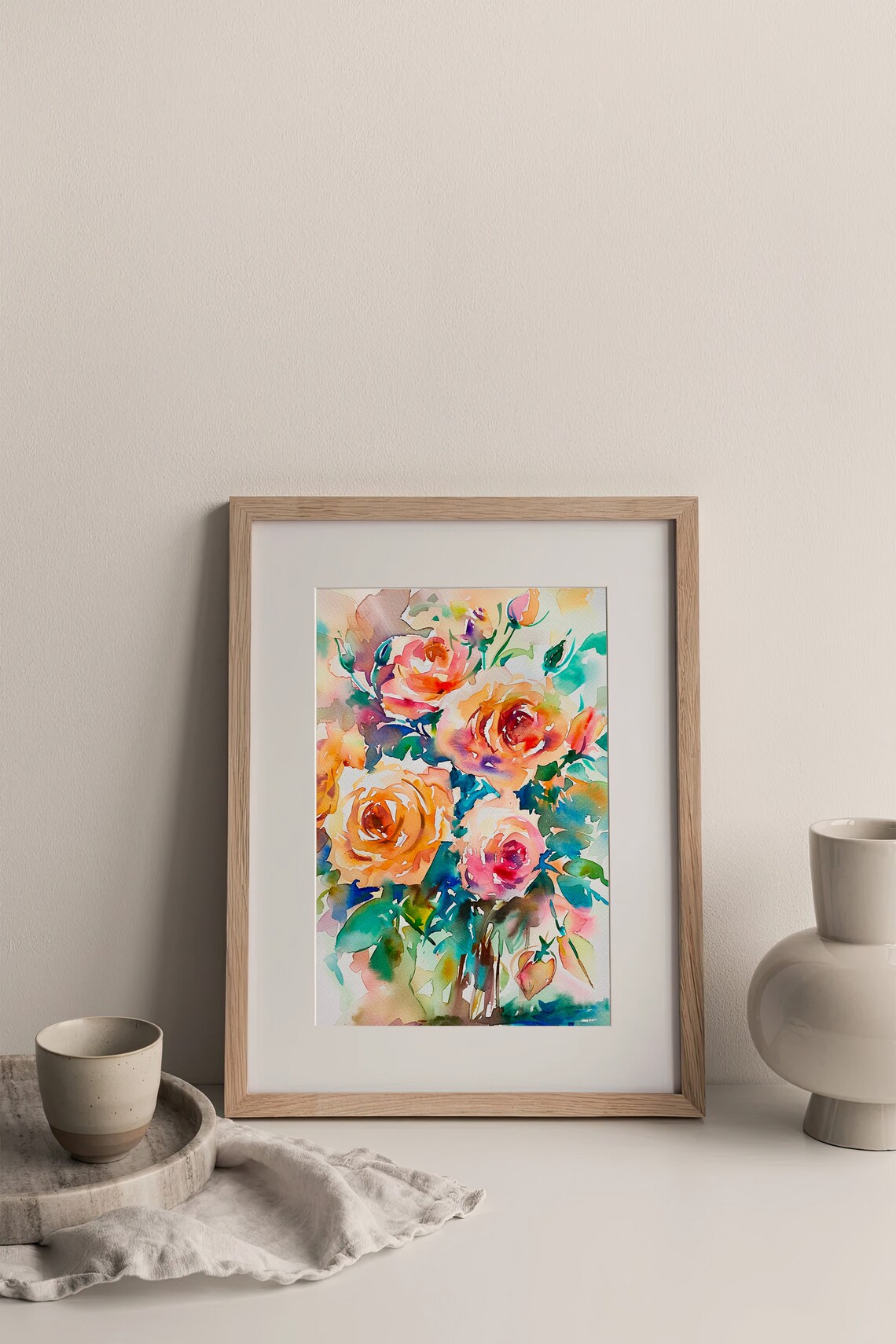 Peach Pink Roses Watercolor Floral Bouquet Romantic Scene Poster - Image 4