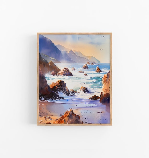 Big Sur Seascape Painting California Watercolor Art Print Sunset Landscape Wall Art Print Travel Decor By Feelingprints