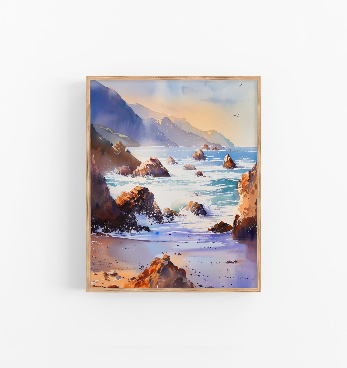 Big Sur Rocky Coastline Sunset Waves Watercolor Seascape Poster